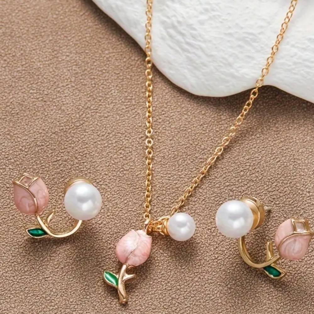 Elegant Rose Pearl Jewelry Set